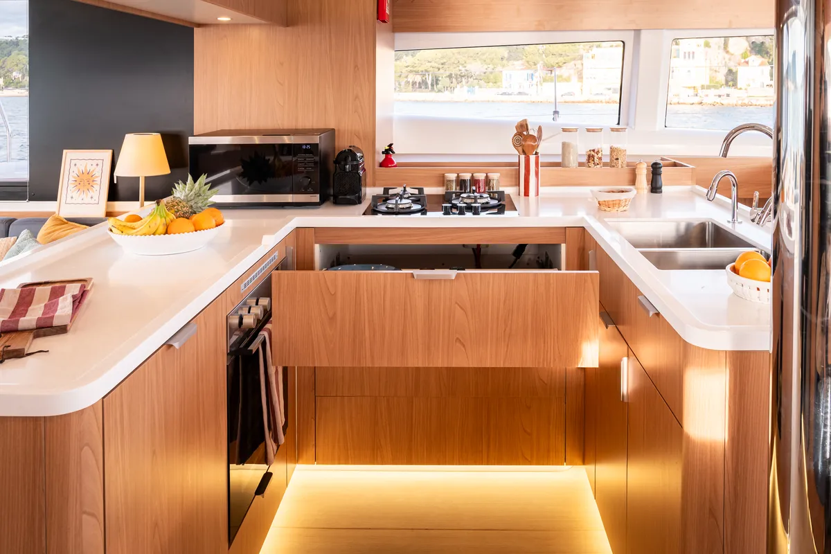 Galley of DISFRUTONA, a Bali 5.2 catamaran at Port d'Andratx, Spain