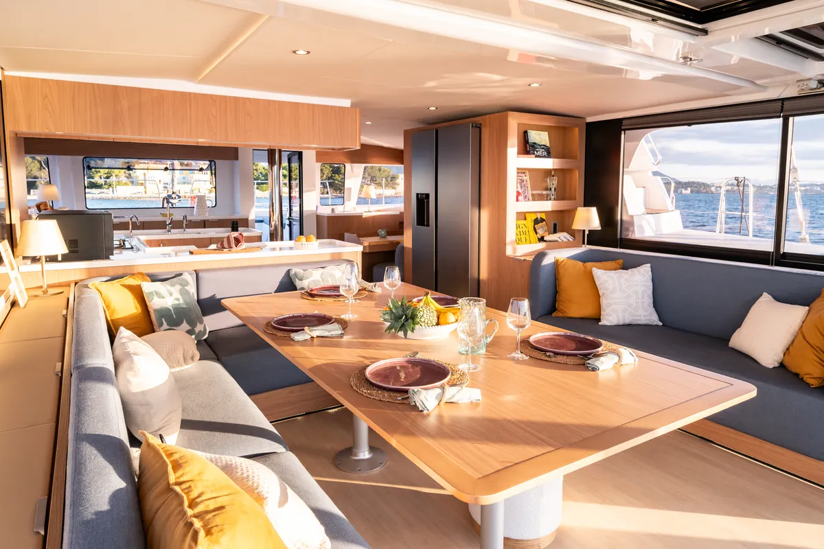 Salon of DISFRUTONA, a Bali 5.2 catamaran at Port d'Andratx, Spain