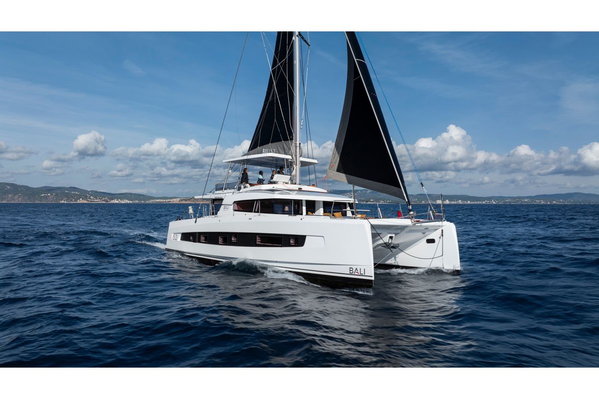 Exterior view of DISFRUTONA, a Bali 5.2 catamaran at Port d'Andratx, Spain