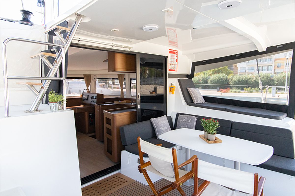 Deck of Dioni, a Lagoon 42 catamaran at Preveza, Greece