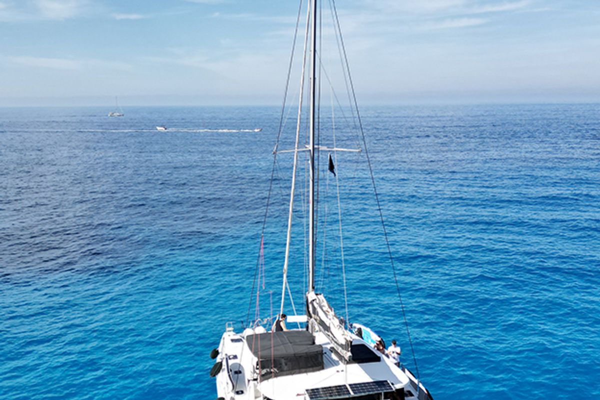 Exterior view of Dioni, a Lagoon 42 catamaran at Preveza, Greece