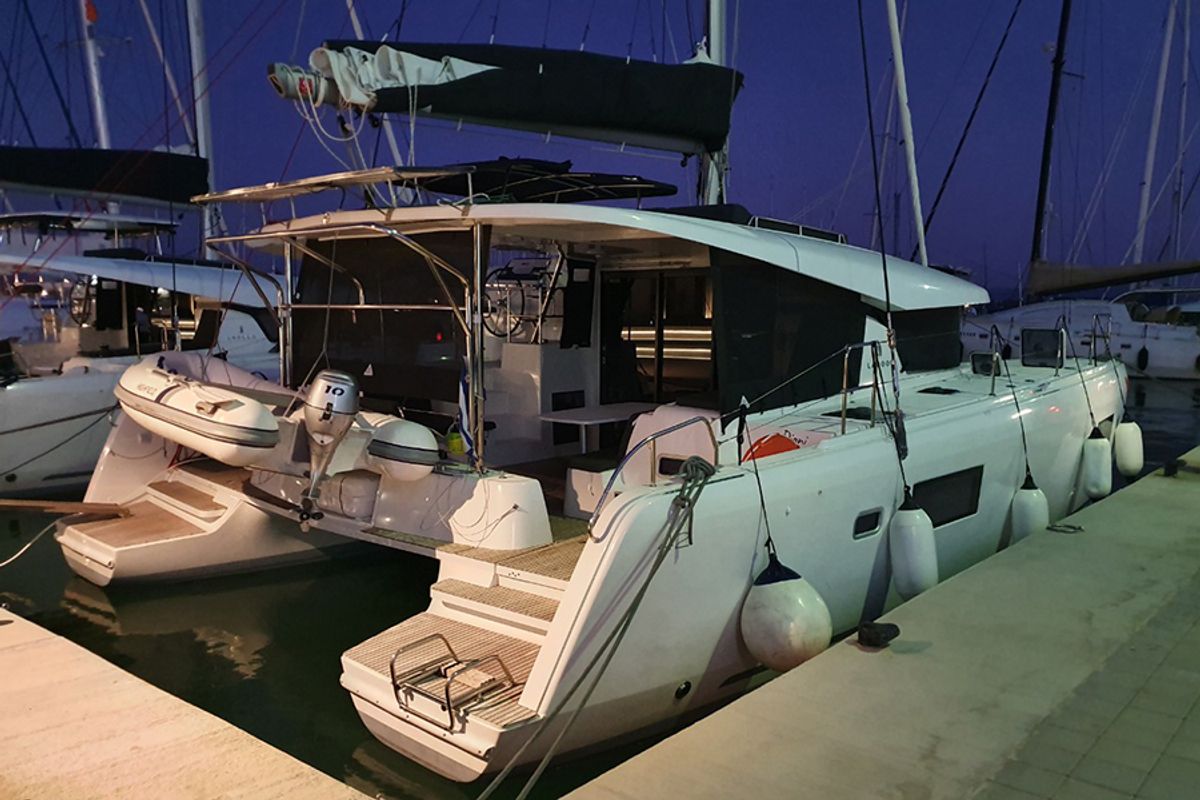 Exterior view of Dioni, a Lagoon 42 catamaran at Preveza, Greece