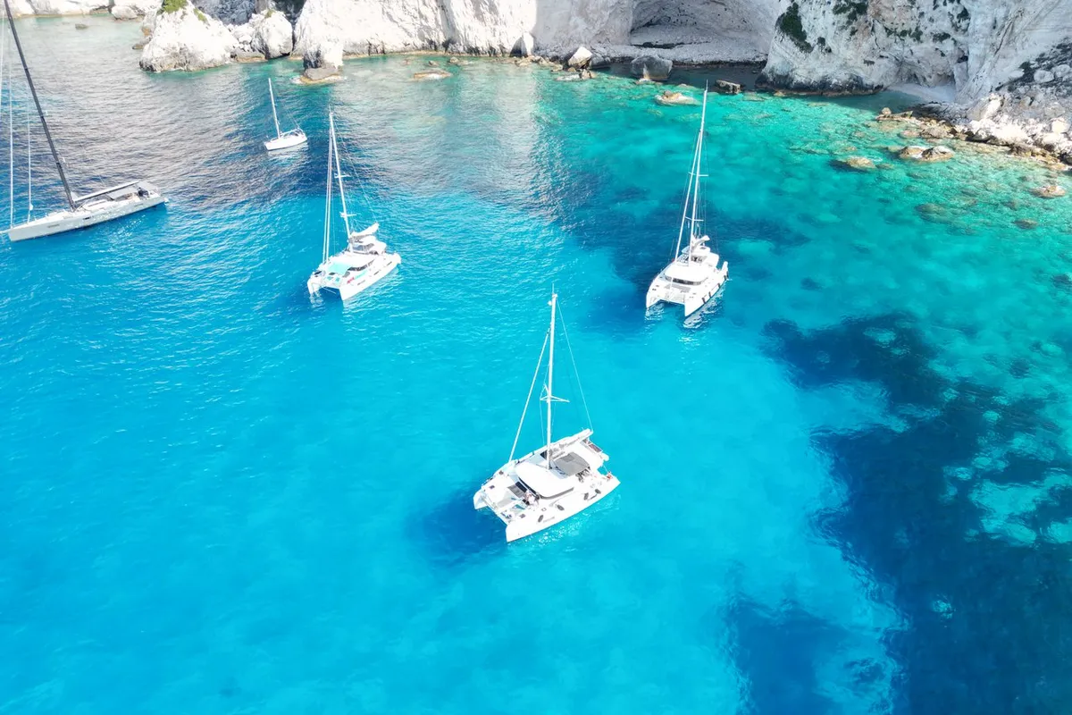 Exterior view of Dioni, a Lagoon 42 catamaran at Preveza, Greece