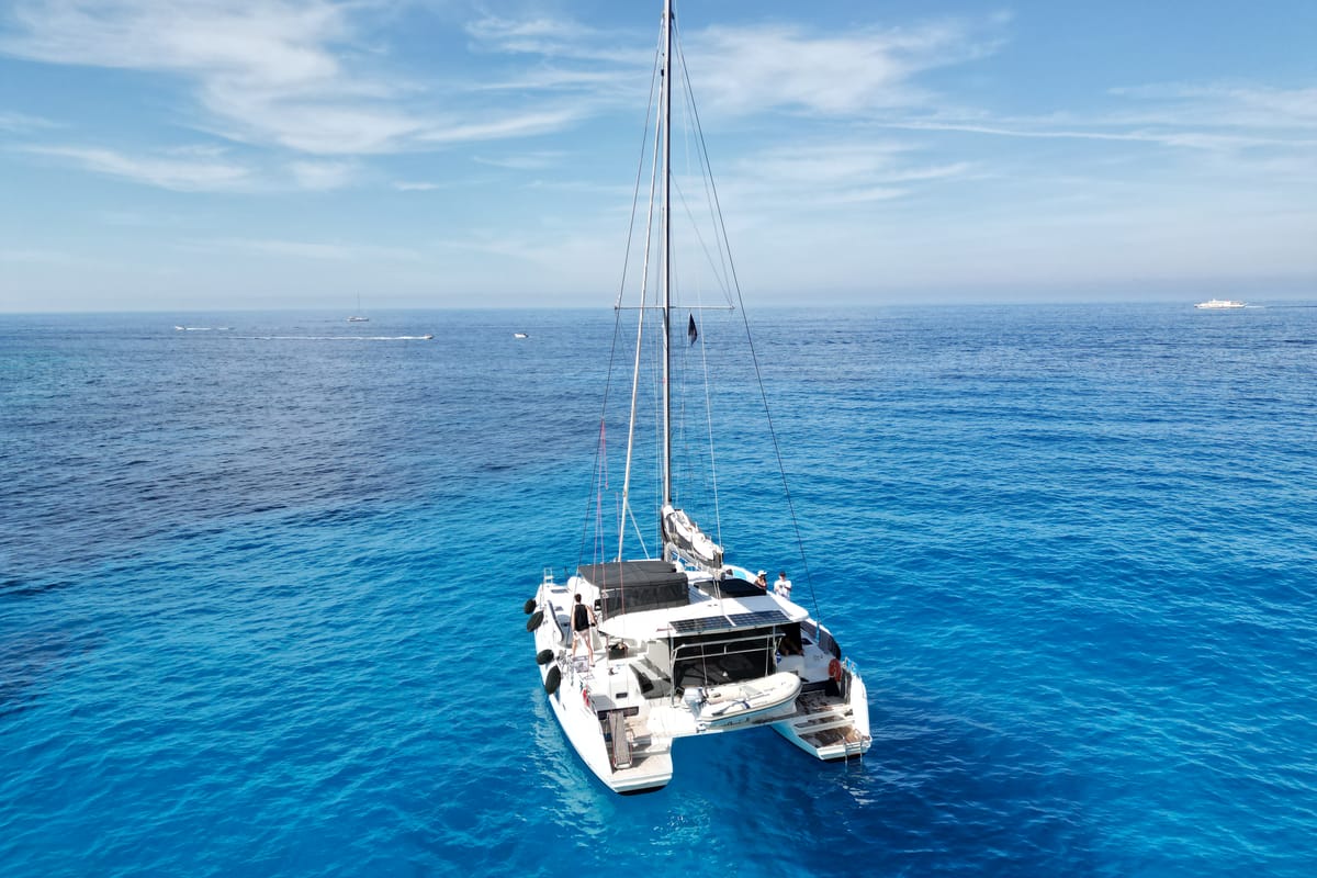 Exterior view of Dioni, a Lagoon 42 catamaran at Preveza, Greece