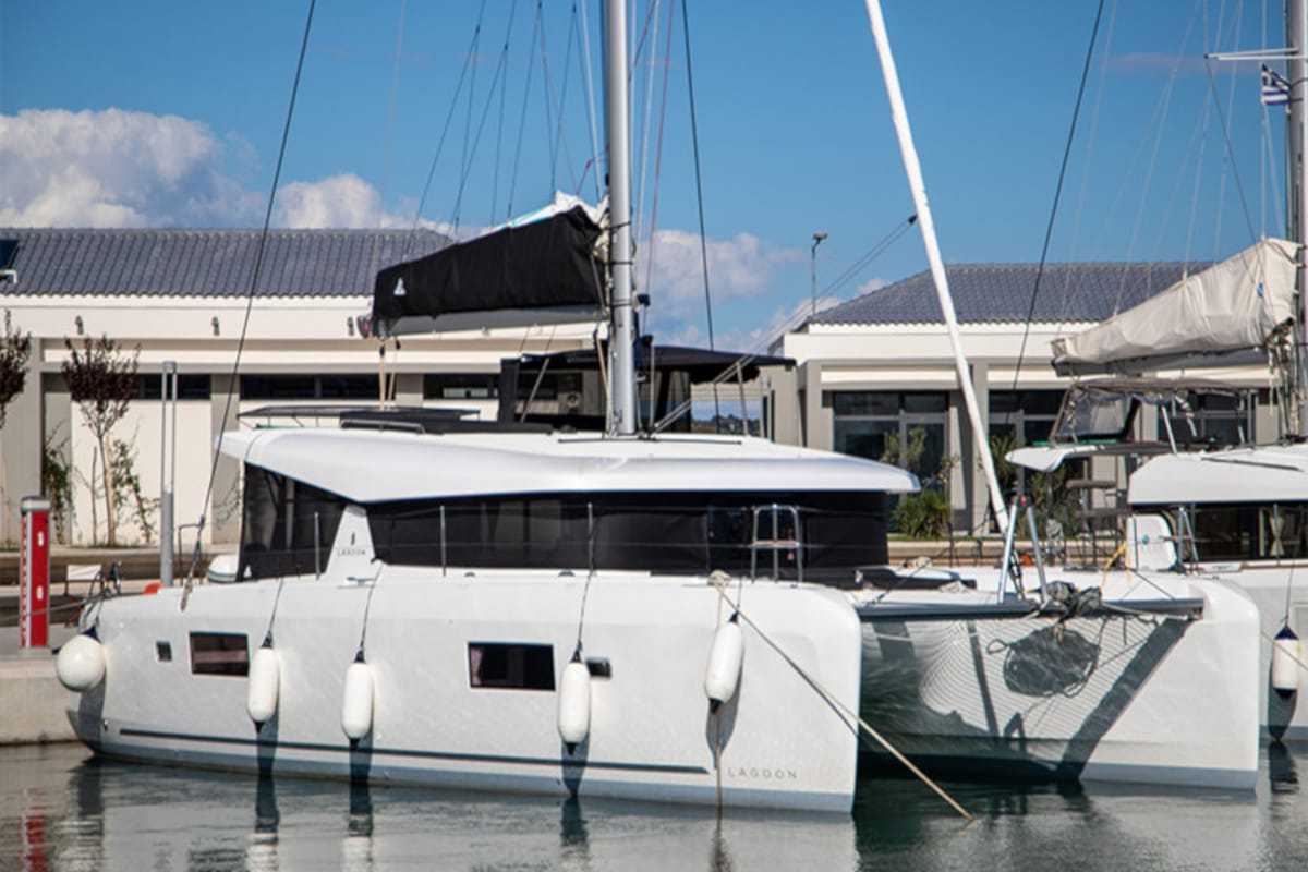 Exterior view of Dioni, a Lagoon 42 catamaran at Preveza, Greece
