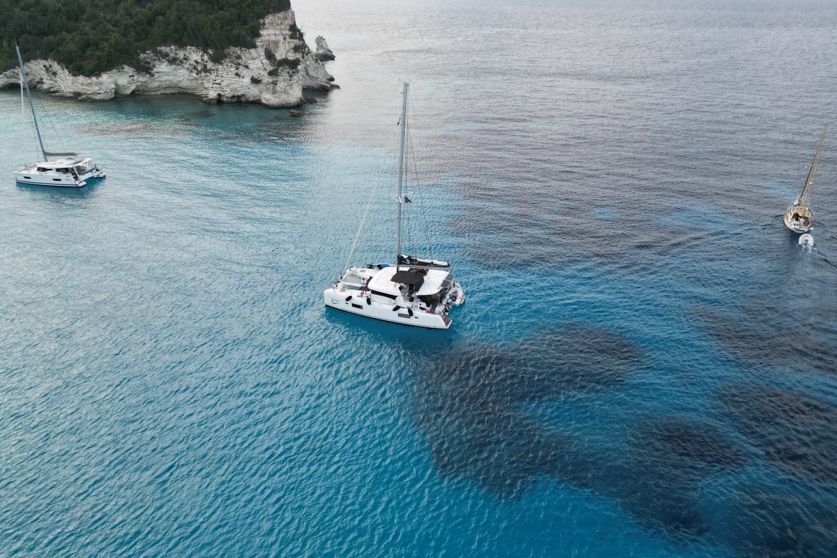 Exterior view of Dioni, a Lagoon 42 catamaran at Preveza, Greece