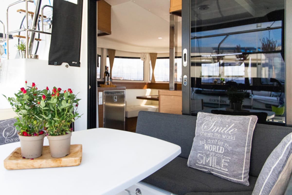 Deck of Dioni, a Lagoon 42 catamaran at Preveza, Greece