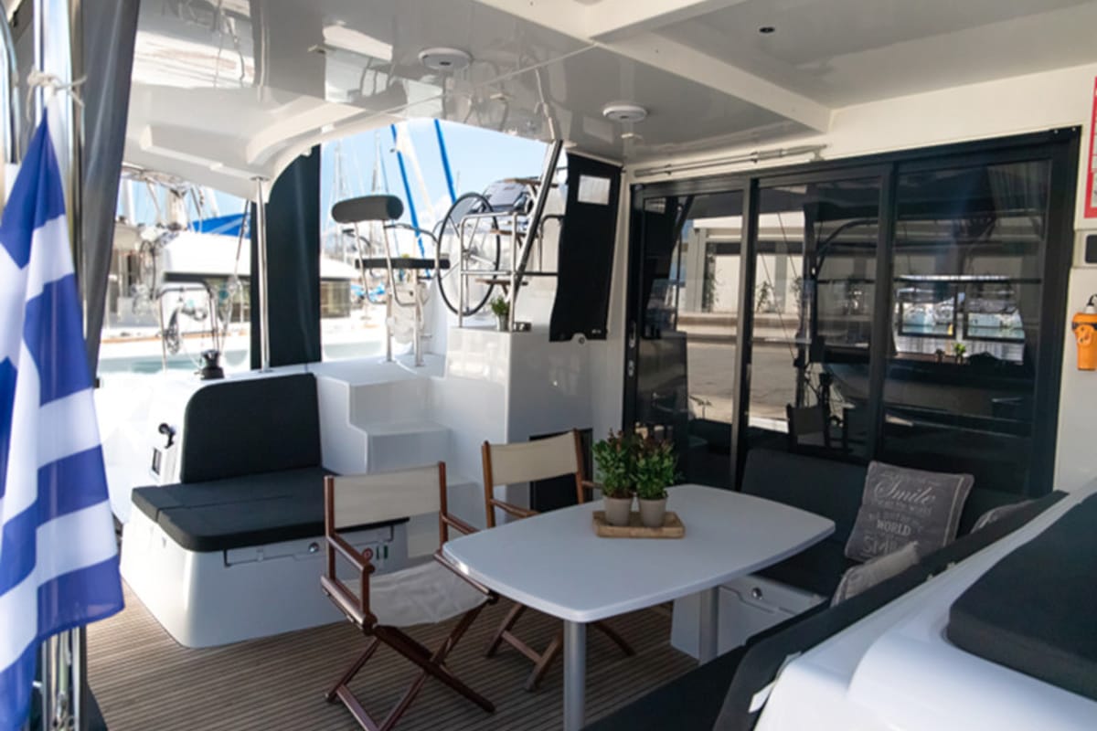Cockpit of Dioni, a Lagoon 42 catamaran at Preveza, Greece