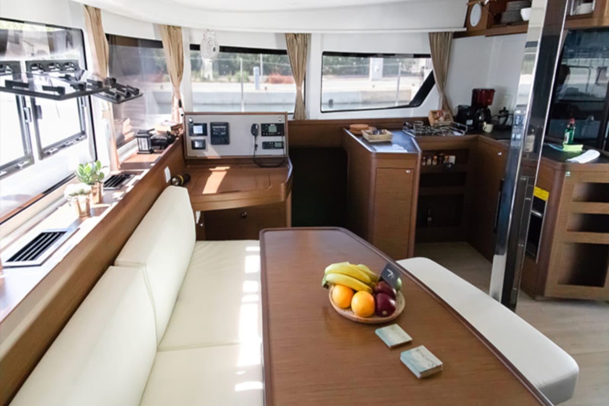 Exterior view of Dioni, a Lagoon 42 catamaran at Preveza, Greece