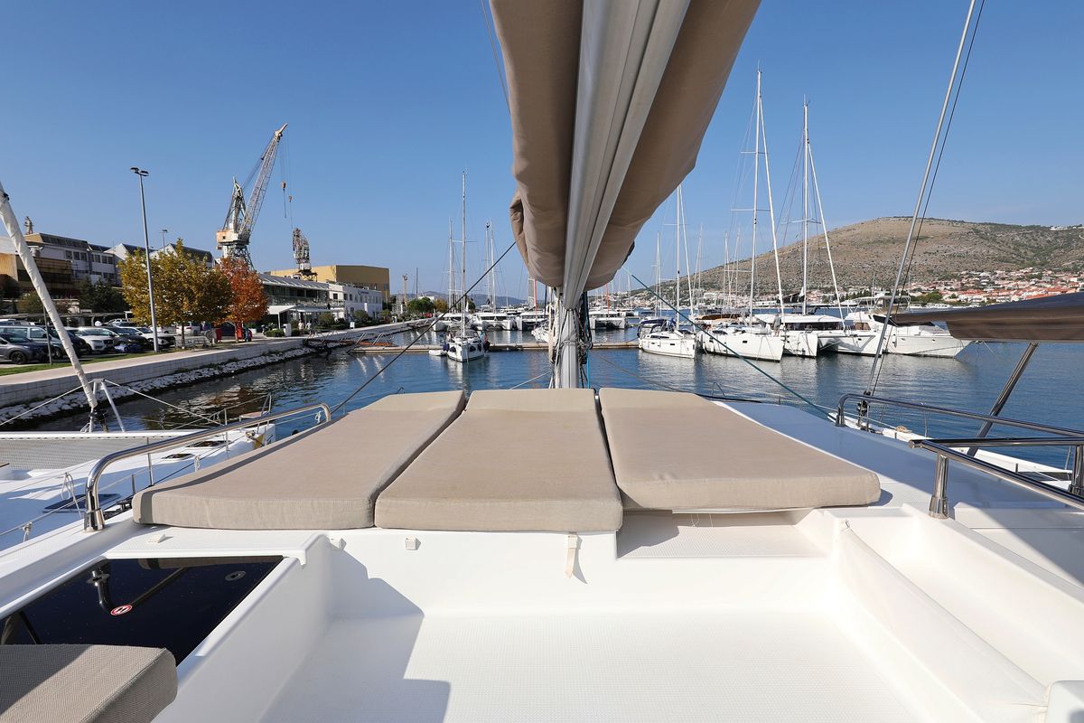 Deck of Feeling Free, a Fountaine Pajot Saba 50 catamaran at Općina Sveti Filip i Jakov, Croatia