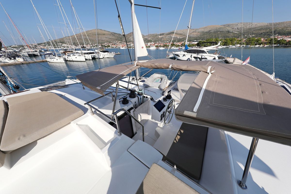 Cockpit of Feeling Free, a Fountaine Pajot Saba 50 catamaran at Općina Sveti Filip i Jakov, Croatia