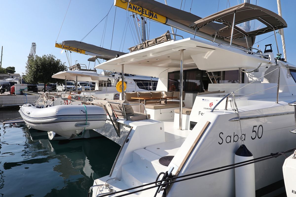 Exterior view of Feeling Free, a Fountaine Pajot Saba 50 catamaran at Općina Sveti Filip i Jakov, Croatia