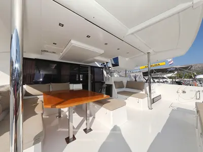 Deck of Feeling Free, a Fountaine Pajot Saba 50 catamaran at Općina Sveti Filip i Jakov, Croatia