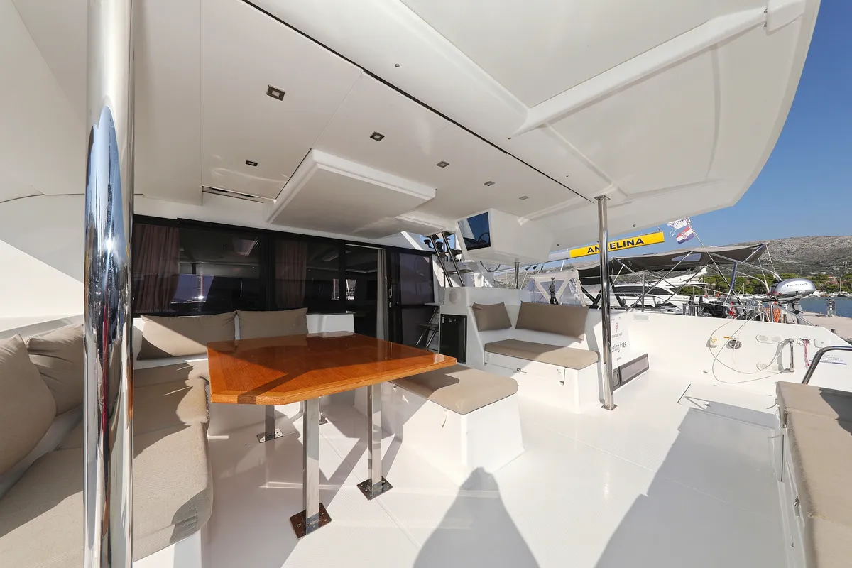 Deck of Feeling Free, a Fountaine Pajot Saba 50 catamaran at Općina Sveti Filip i Jakov, Croatia