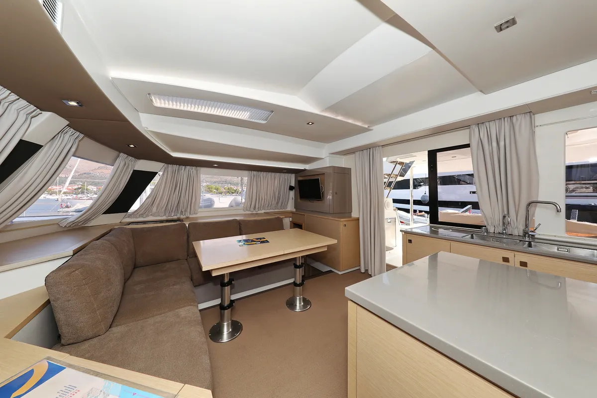 Salon of Feeling Free, a Fountaine Pajot Saba 50 catamaran at Općina Sveti Filip i Jakov, Croatia
