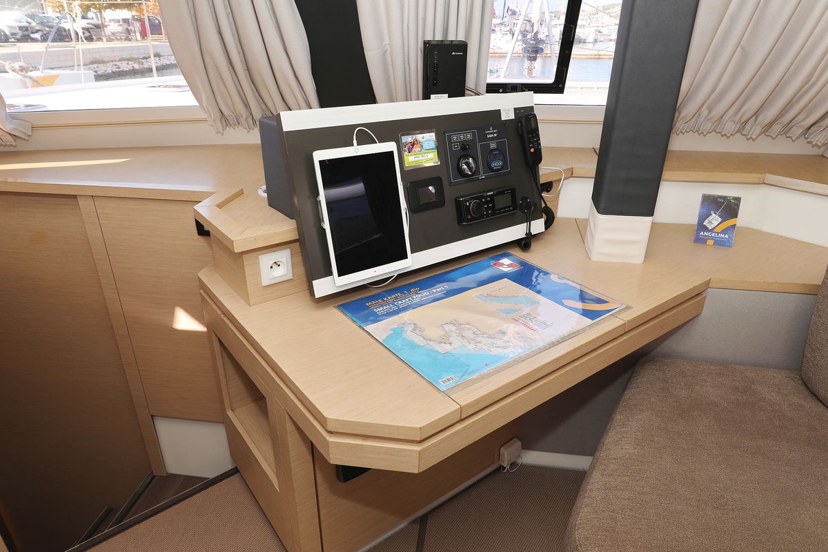 Salon of Feeling Free, a Fountaine Pajot Saba 50 catamaran at Općina Sveti Filip i Jakov, Croatia