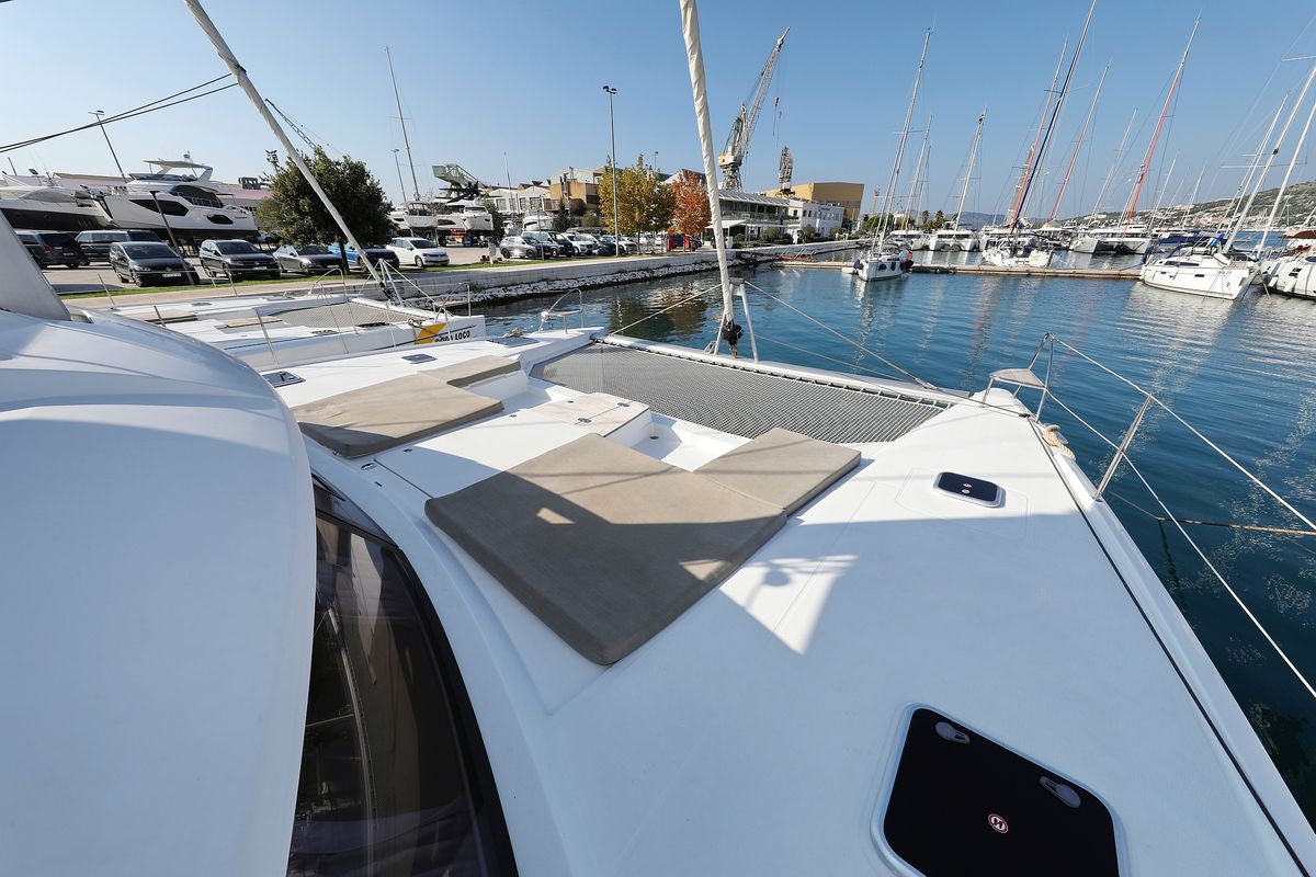 Deck of Feeling Free, a Fountaine Pajot Saba 50 catamaran at Općina Sveti Filip i Jakov, Croatia