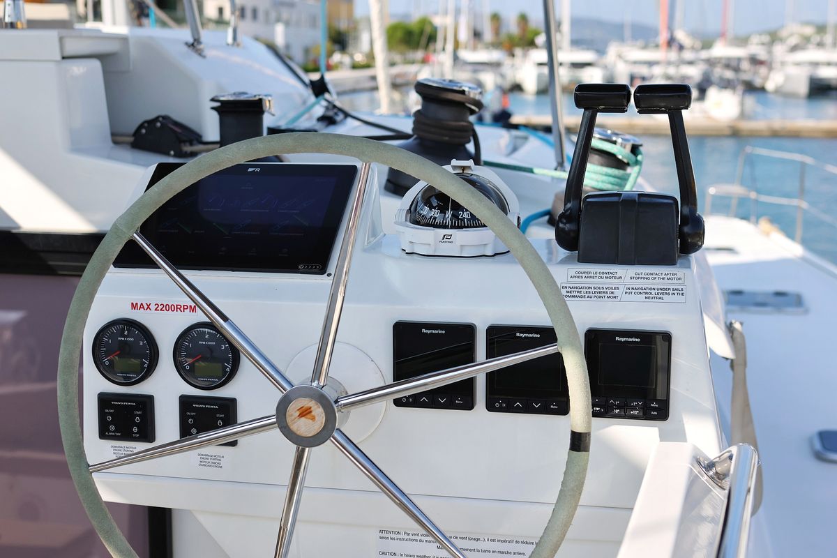 Cockpit of Feeling Free, a Fountaine Pajot Saba 50 catamaran at Općina Sveti Filip i Jakov, Croatia