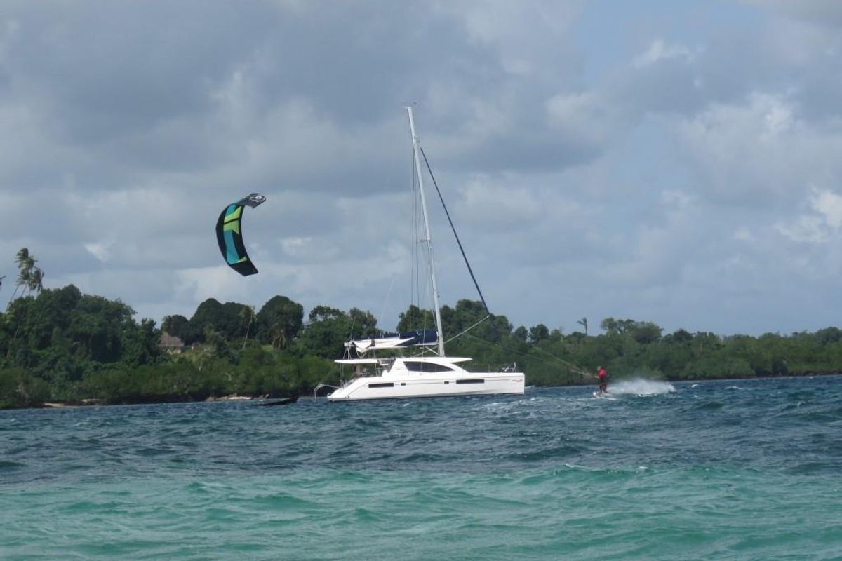 Exterior view of Premium, a Leopard 48 catamaran at Azam Marina, Tanzania