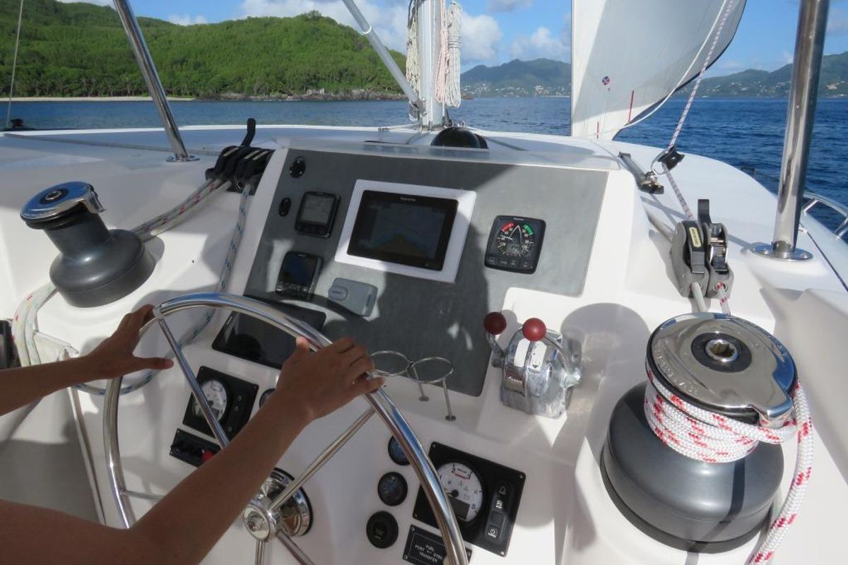 Cockpit of Premium, a Leopard 48 catamaran at Azam Marina, Tanzania