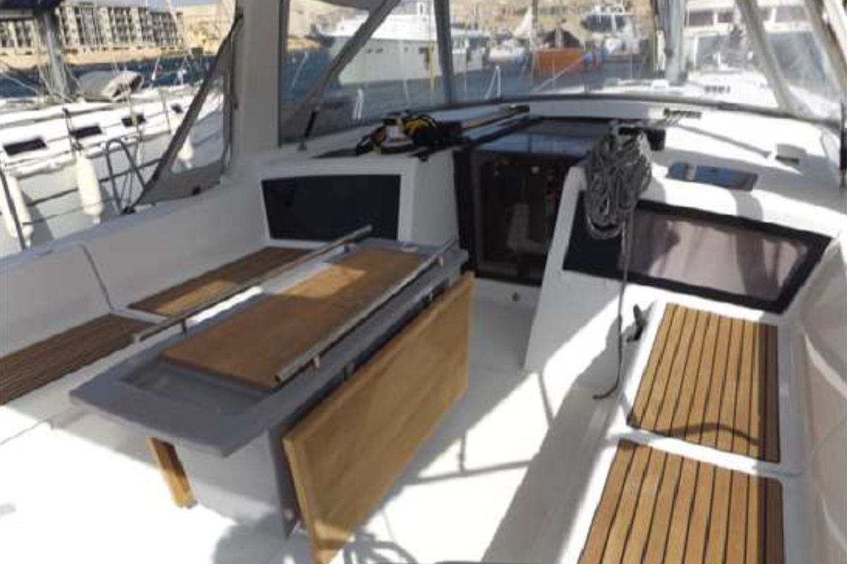 Cockpit of WAYWARD PRINCE, a Beneteau Oceanis 48 sailboat at Kalkara, Malta