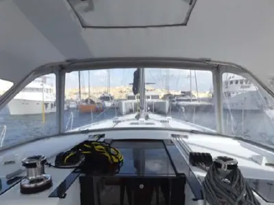 Cockpit of WAYWARD PRINCE, a Beneteau Oceanis 48 sailboat at Kalkara, Malta