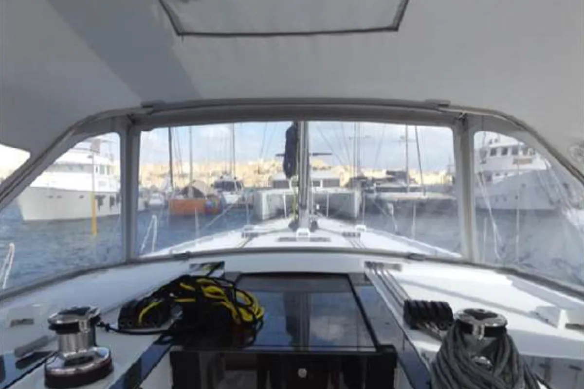 Cockpit of WAYWARD PRINCE, a Beneteau Oceanis 48 sailboat at Kalkara, Malta