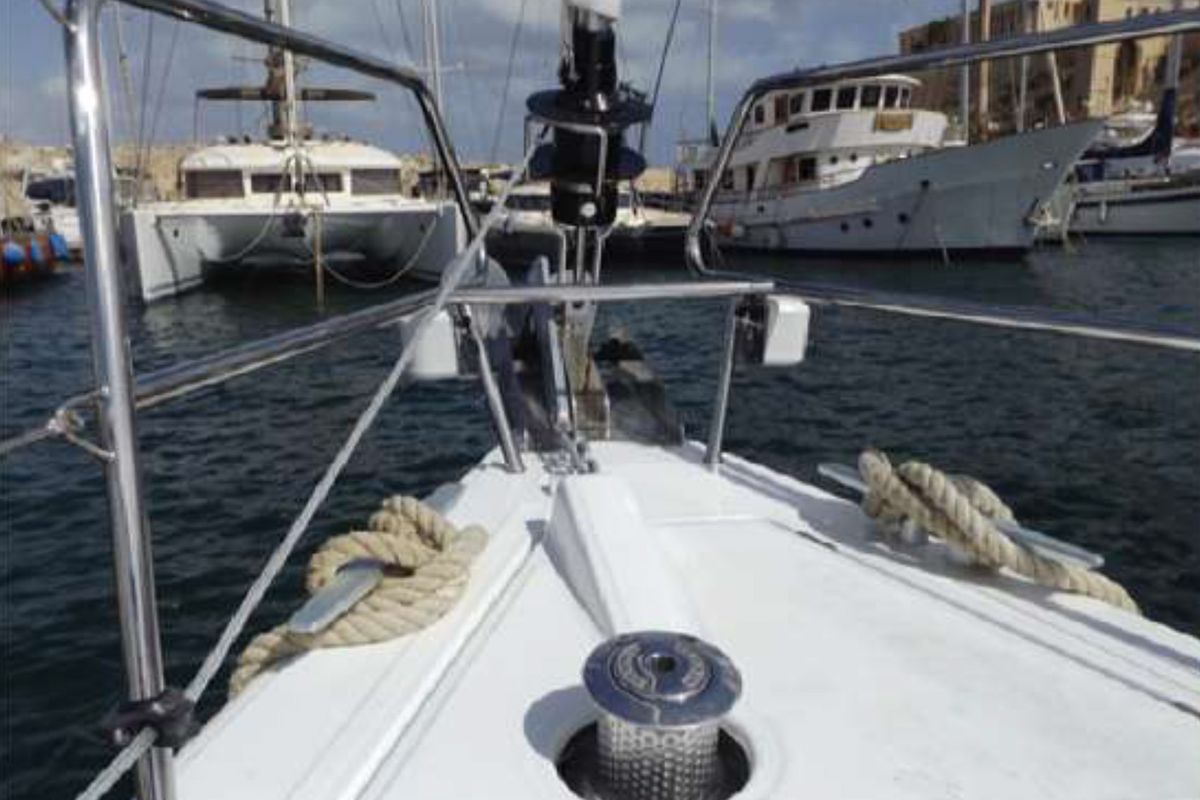 Deck of WAYWARD PRINCE, a Beneteau Oceanis 48 sailboat at Kalkara, Malta