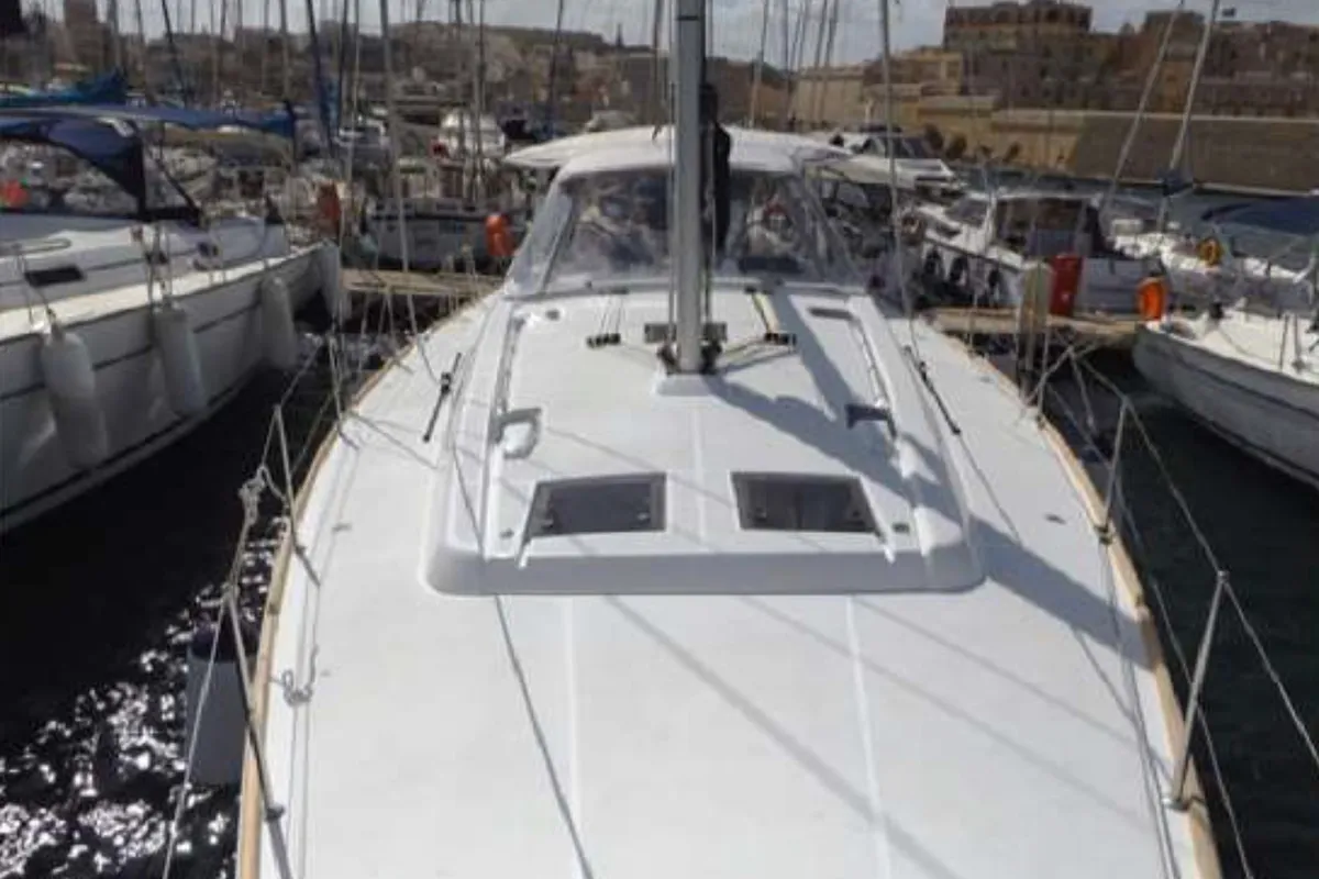 Deck of WAYWARD PRINCE, a Beneteau Oceanis 48 sailboat at Kalkara, Malta