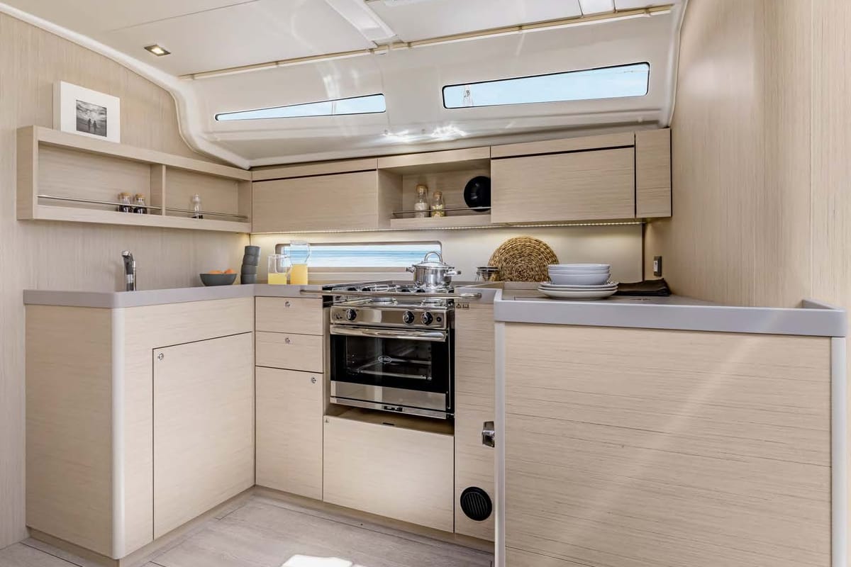 Galley of LOL, a Beneteau Oceanis 40.1 sailboat at Lavreotiki Municipal Unit, Greece