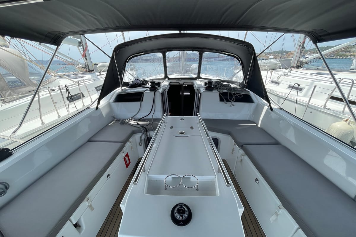 Cockpit of LOL, a Beneteau Oceanis 40.1 sailboat at Lavreotiki Municipal Unit, Greece