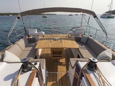 Deck of Anima, a Dufour 520 GL - 4. cab sailboat at Kontokali, Greece