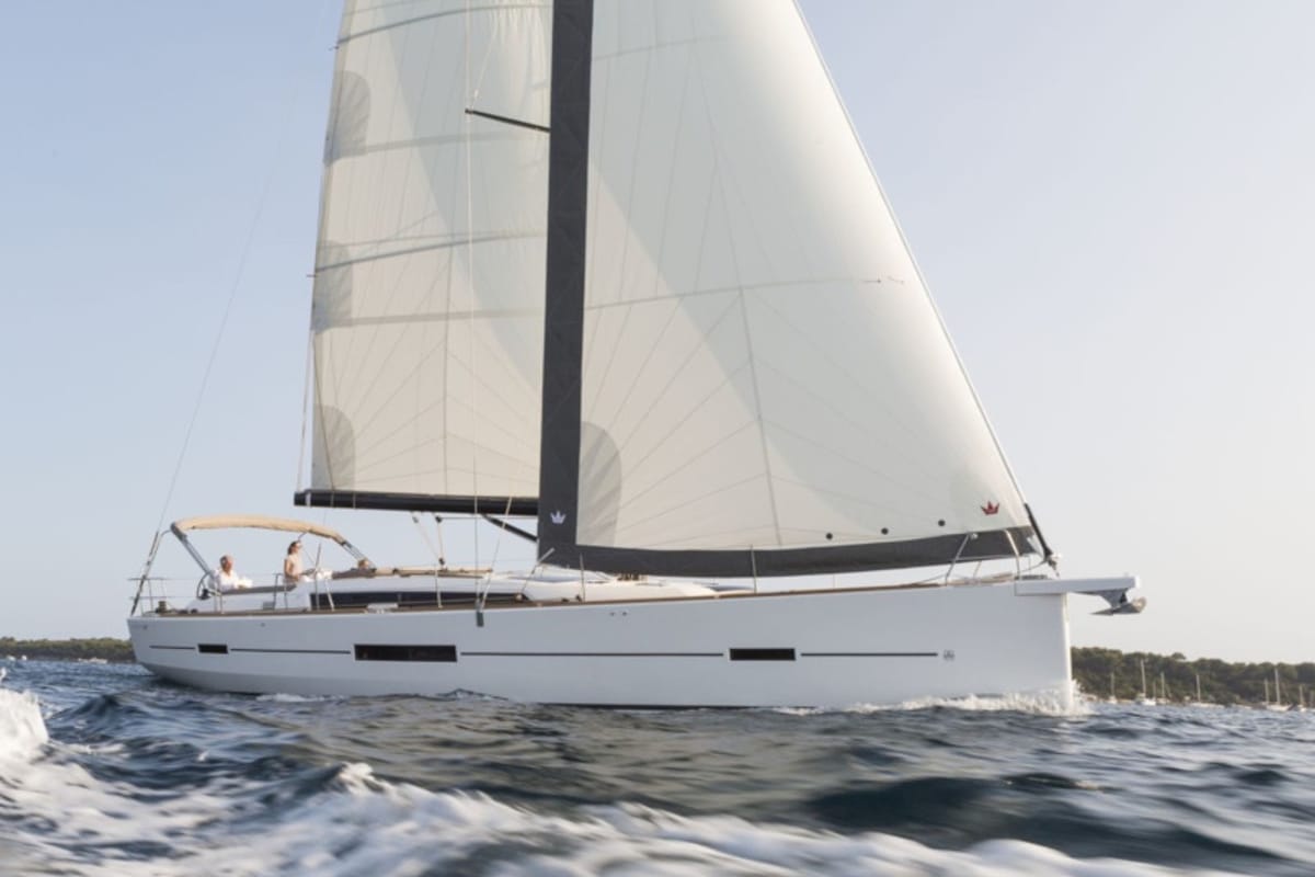 Exterior view of Anima, a Dufour 520 GL - 4. cab sailboat at Kontokali, Greece