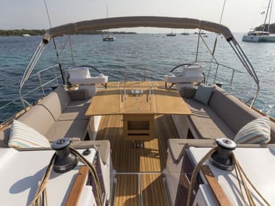 Cockpit of Anima, a Dufour 520 GL - 4. cab sailboat at Kontokali, Greece