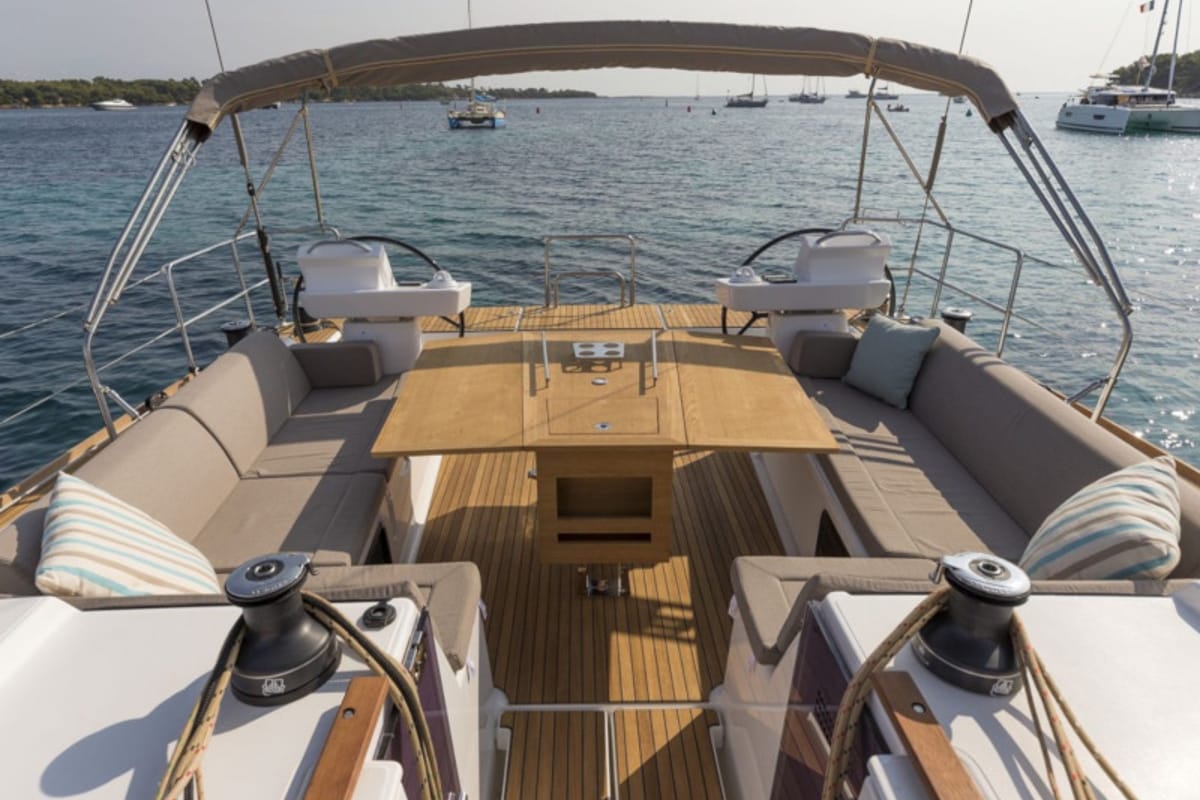 Cockpit of Anima, a Dufour 520 GL - 4. cab sailboat at Kontokali, Greece