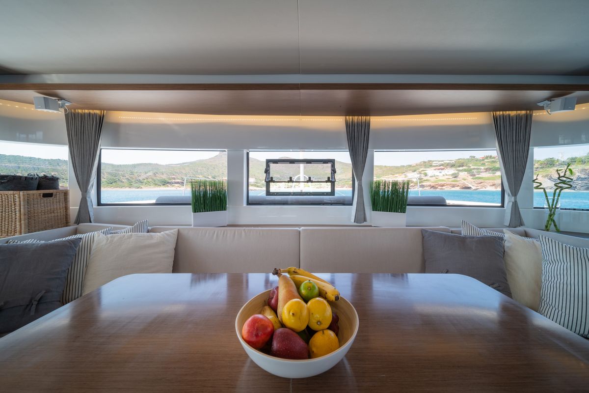 Salon of NOMAD II, a Lagoon 50 catamaran at Municipal Unit of Lefkada, Greece