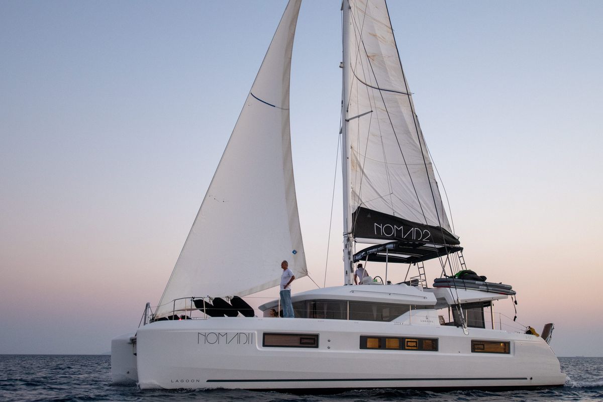 Exterior view of NOMAD II, a Lagoon 50 catamaran at Municipal Unit of Lefkada, Greece