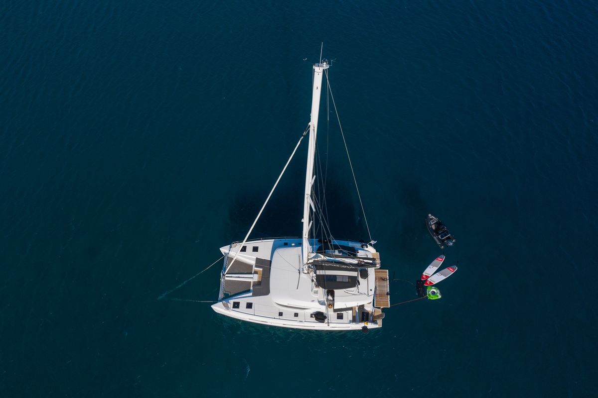 Exterior view of NOMAD II, a Lagoon 50 catamaran at Municipal Unit of Lefkada, Greece