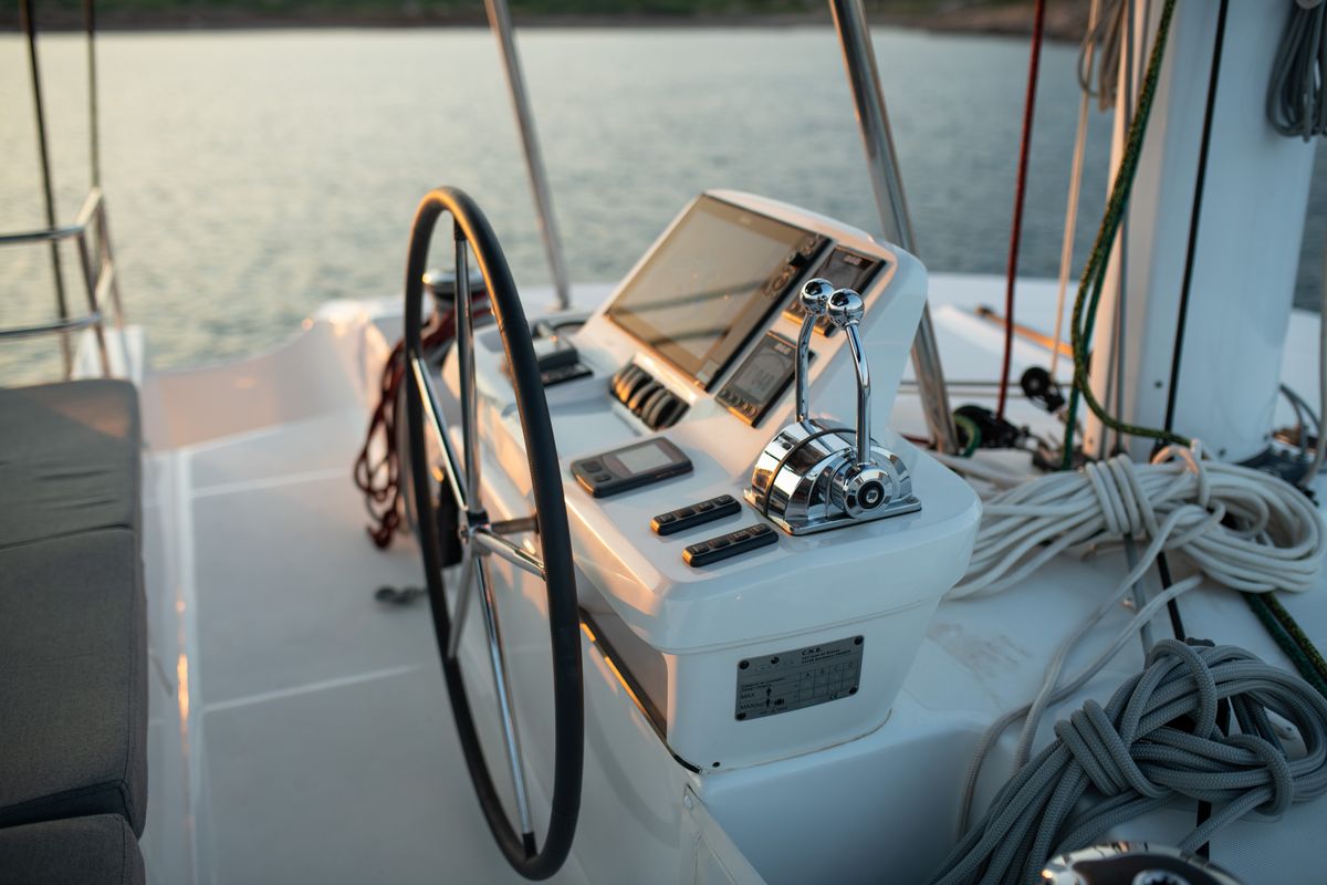 Cockpit of NOMAD II, a Lagoon 50 catamaran at Municipal Unit of Lefkada, Greece