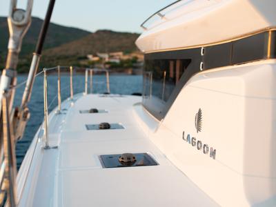 Deck of NOMAD II, a Lagoon 50 catamaran at Municipal Unit of Lefkada, Greece