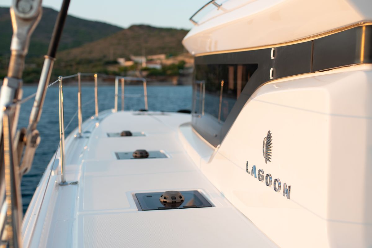 Deck of NOMAD II, a Lagoon 50 catamaran at Municipal Unit of Lefkada, Greece