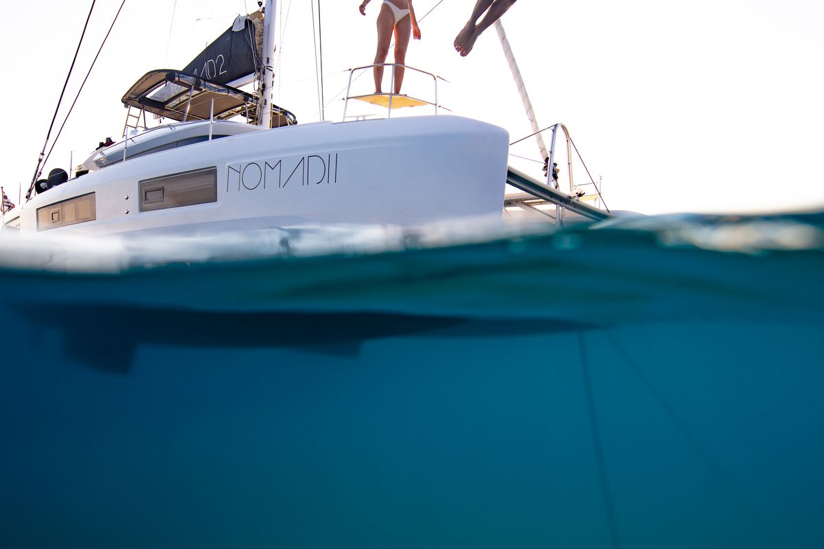 Exterior view of NOMAD II, a Lagoon 50 catamaran at Municipal Unit of Lefkada, Greece