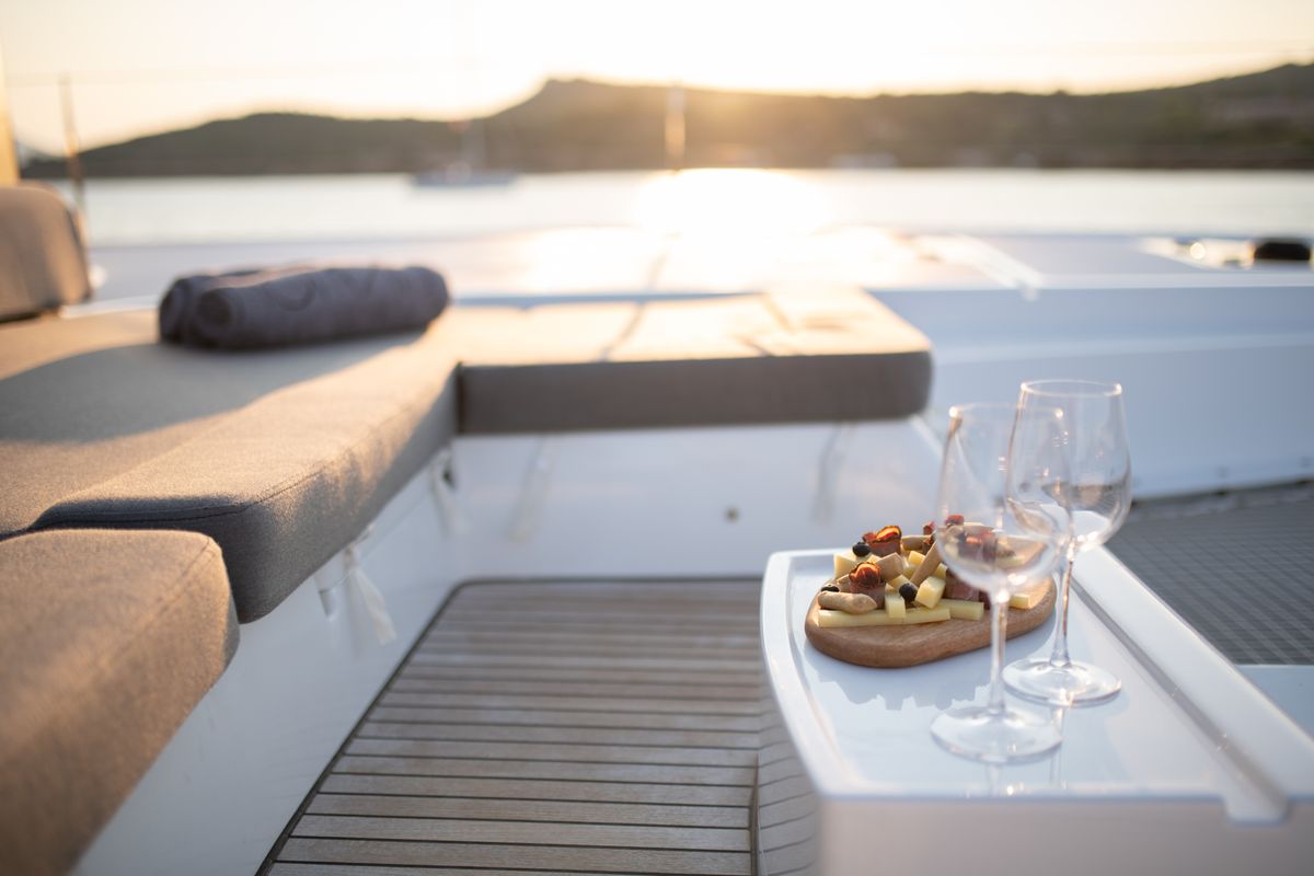 Deck of NOMAD II, a Lagoon 50 catamaran at Municipal Unit of Lefkada, Greece