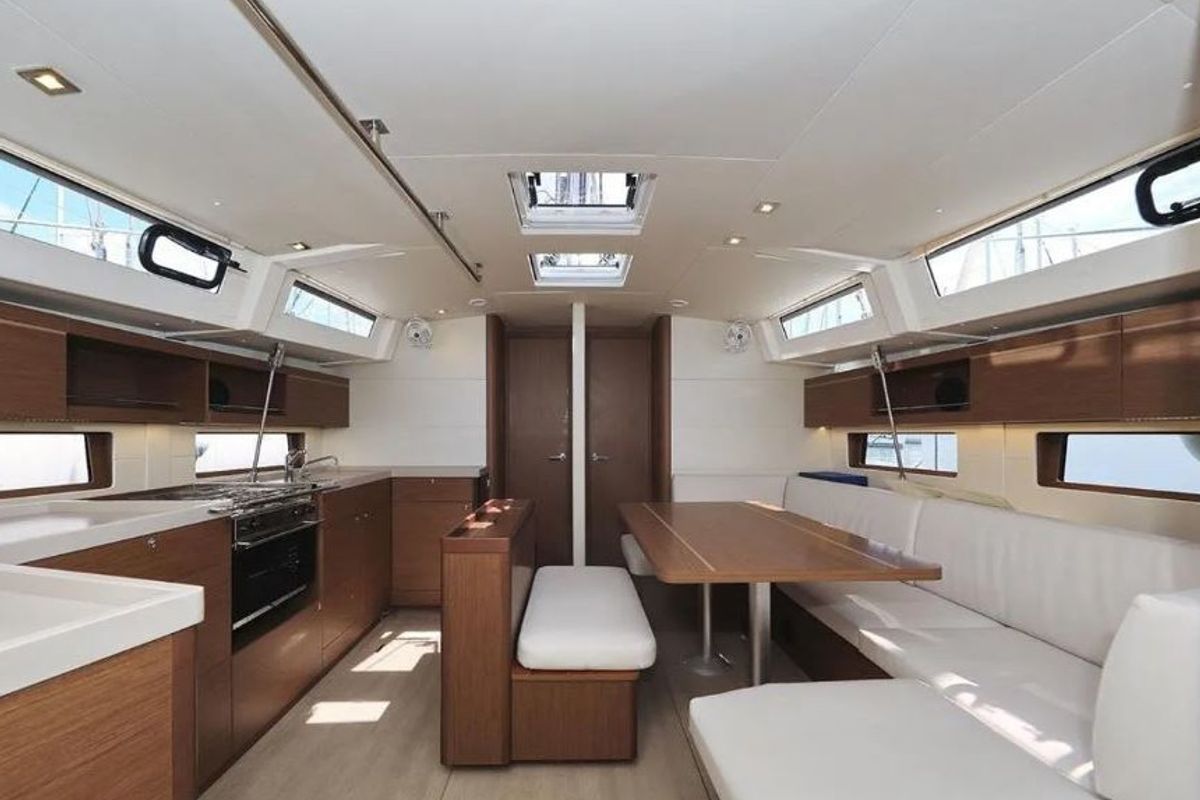 Salon of Enjoyablue, a Beneteau Oceanis 46.1 sailboat at Preveza, Greece