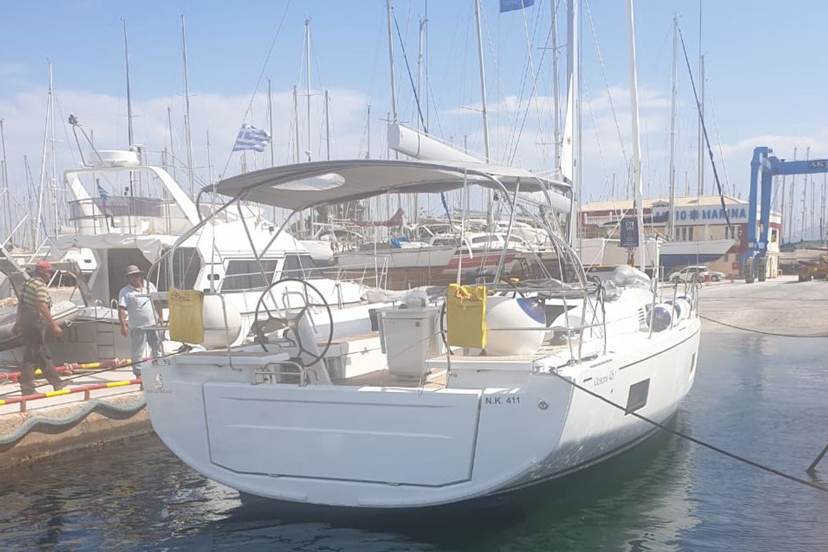 Exterior view of Enjoyablue, a Beneteau Oceanis 46.1 sailboat at Preveza, Greece