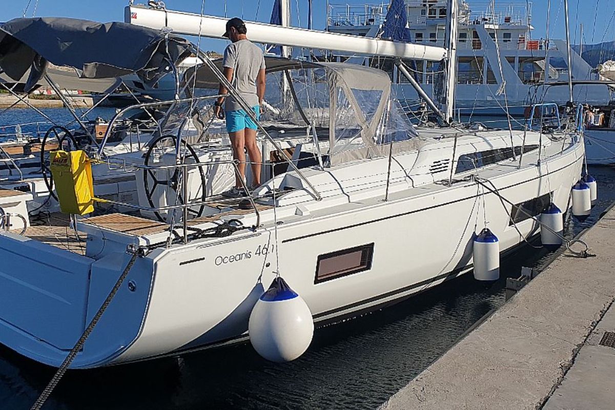 Exterior view of Enjoyablue, a Beneteau Oceanis 46.1 sailboat at Preveza, Greece