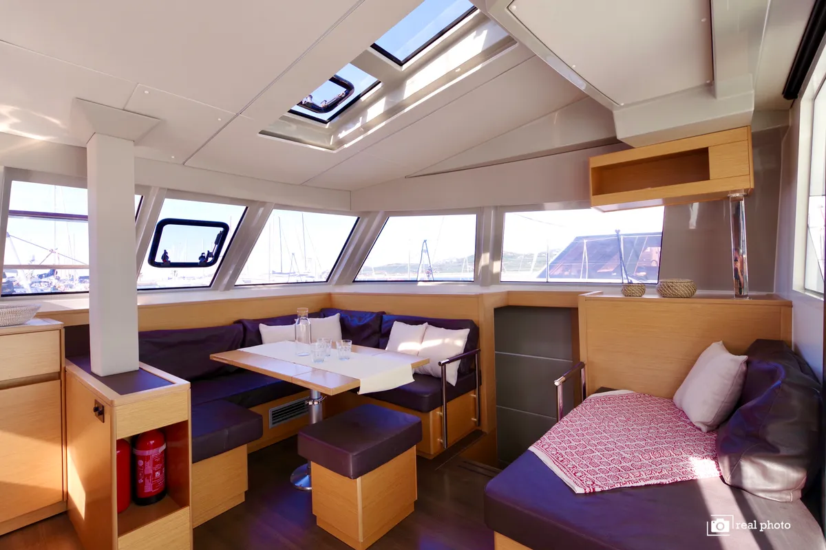 Salon of Fiammetta, a Nautitech 46 Fly catamaran at Cannigione, Italy