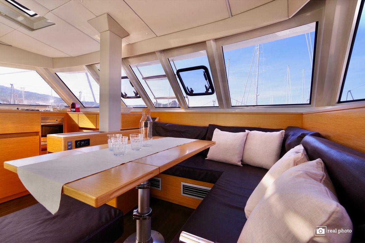 Salon of Fiammetta, a Nautitech 46 Fly catamaran at Cannigione, Italy