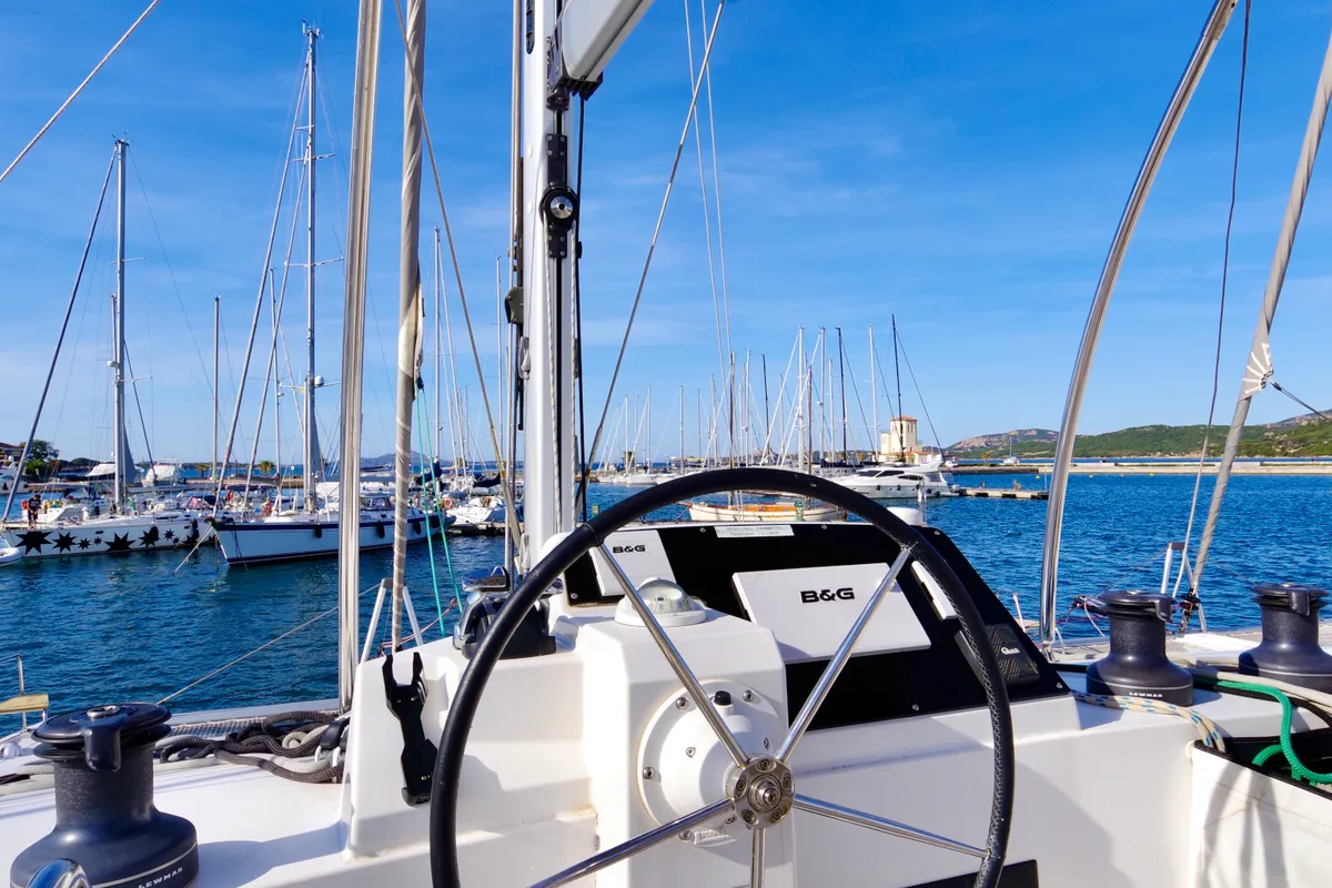 Cockpit of Fiammetta, a Nautitech 46 Fly catamaran at Cannigione, Italy