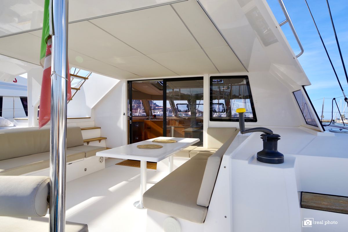 Deck of Fiammetta, a Nautitech 46 Fly catamaran at Cannigione, Italy